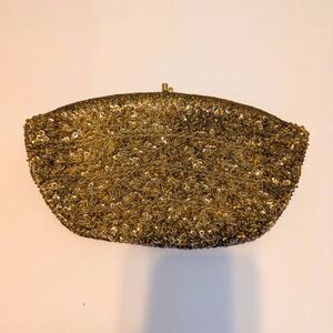 La Regale Ltd Gold Beaded Sequin Satin Kiss Lock Clutch w/ Strap